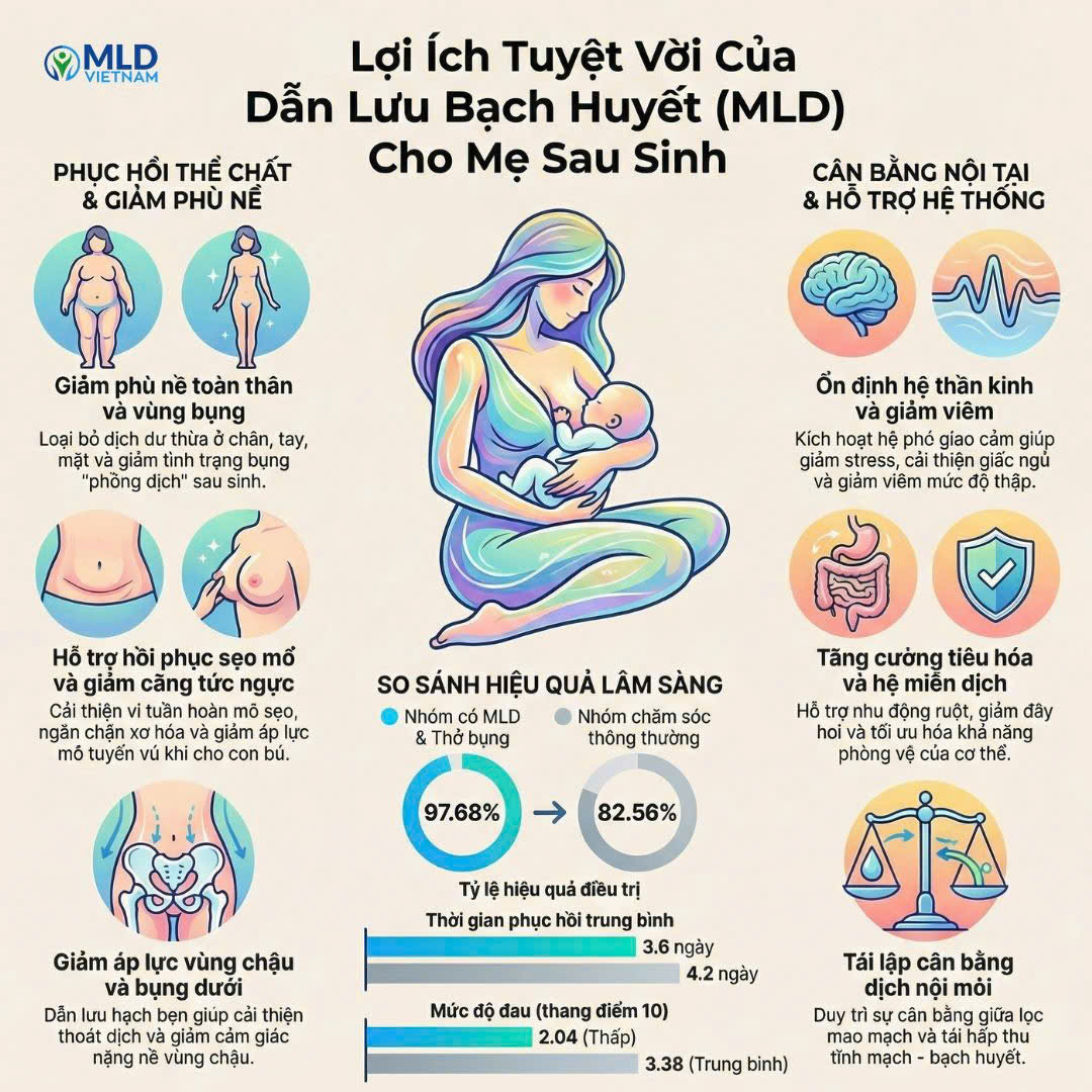 10 tác dụng khi chăm sóc mẹ sau sinh bằng Dẫn lưu Bạch huyết