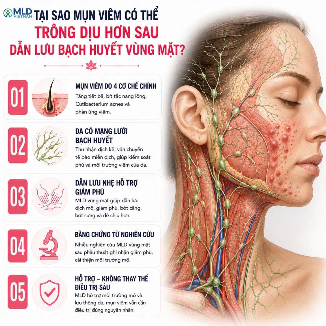Tại sao mụn viêm có thể trong dịu hơn sau dẫn lưu bạch huyết vùng mặt?