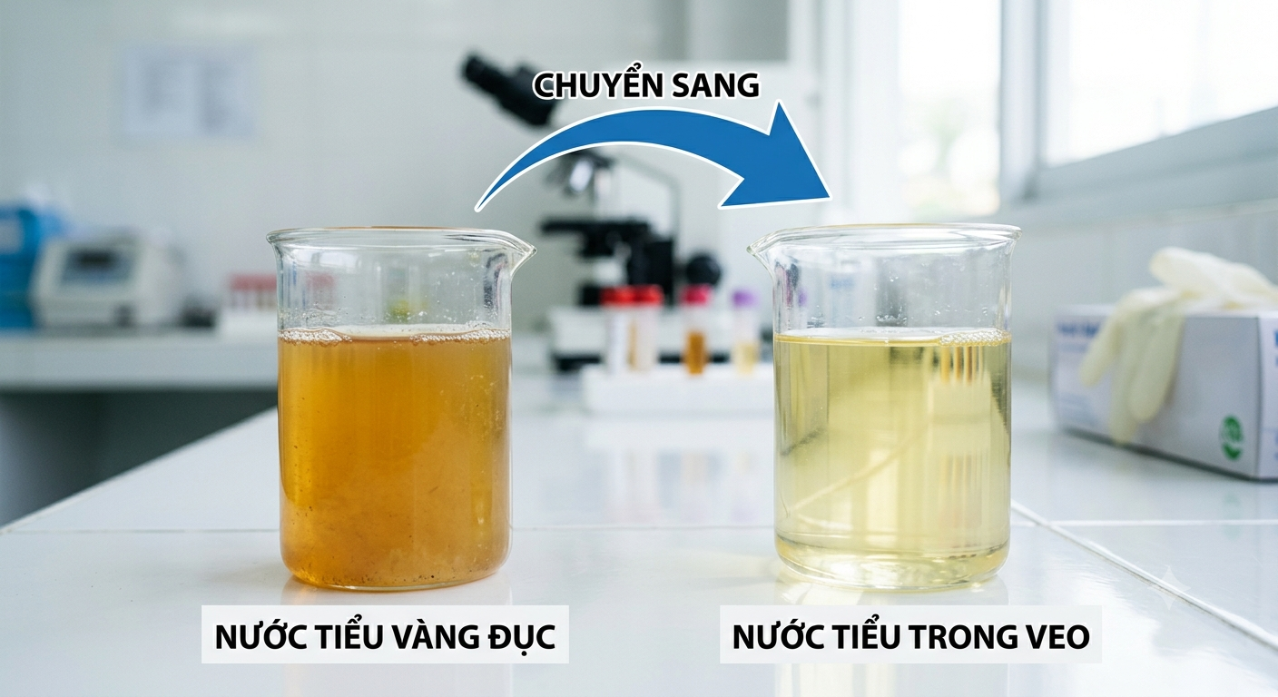Tại sao sau khi dẫn lưu vùng gan và đại tràng, đi tiểu thấy nước tiểu vàng đục